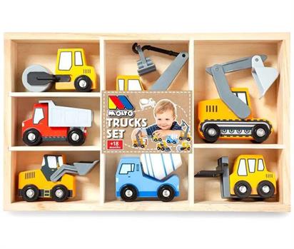 SET VEICOLI DA COSTRUZIONE IN LEGNO 7 PZ